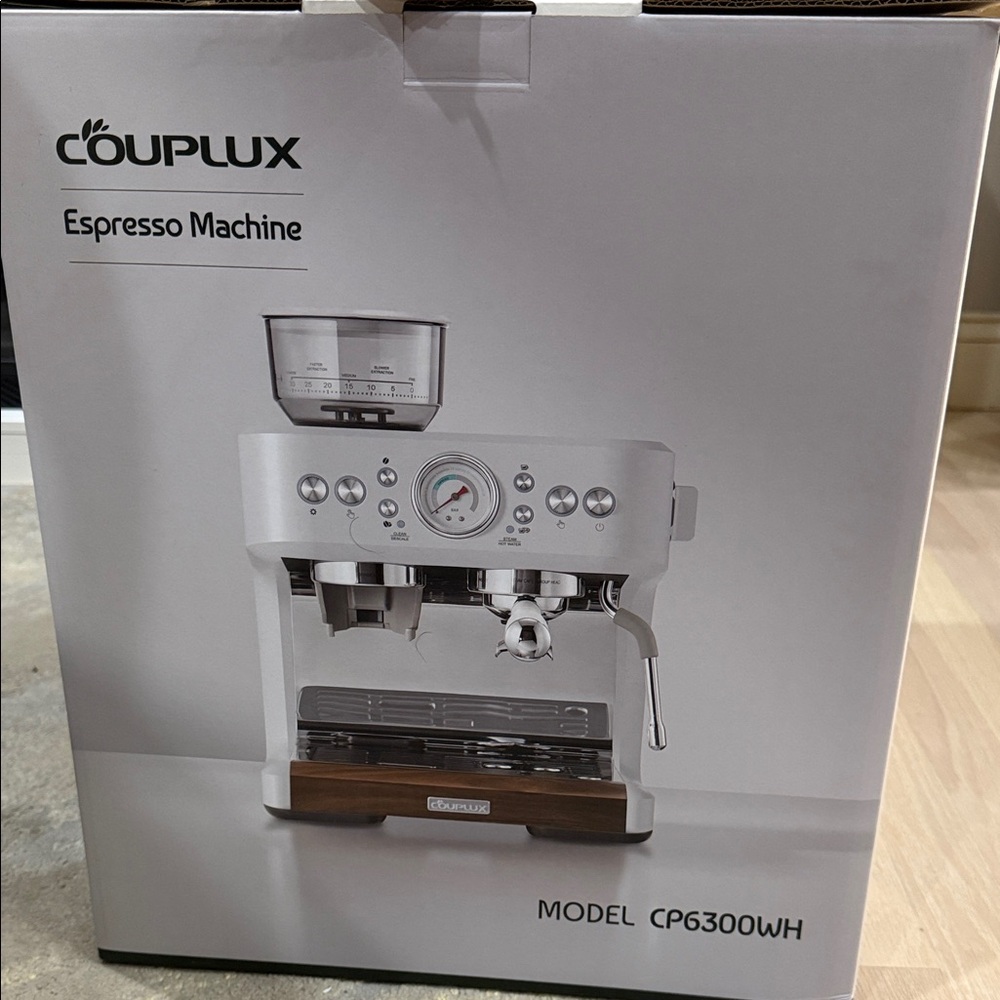 White Espresso Machine with Wood Accents